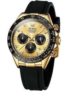 Men's Gold Black Analog Quartz Waterproof Diamond Moon Luminous Wooden Watch